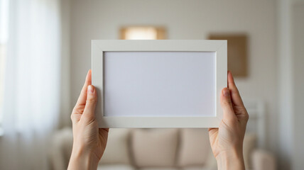 Hands holding blank horizontal white picture frame mockup in blurred cozy bedroom interior setting. Empty template for art or photo display wall decor.