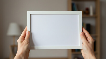 Hands holding blank horizontal white picture frame mockup in blurred home office or study room interior. Empty template for art or photo display wall decor.