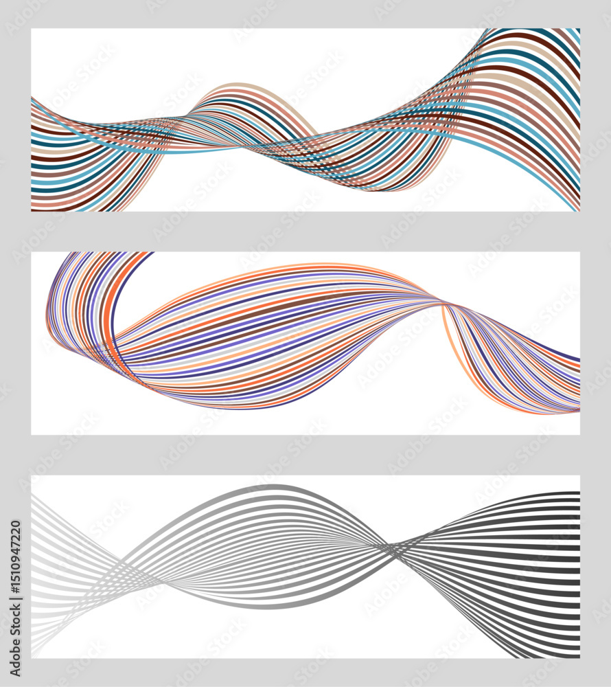 Poster wavy lines or ribbons. set of 3 backgrounds. multicolored striped gradient. creative unusual backgro