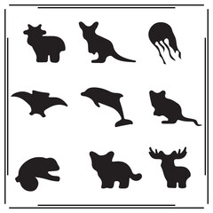 Cute Small Animal Silhouettes Vector Set – Dolphin, Bat, Mouse, Kangaroo, Jellyfish, Calf, Deer, and More – Wildlife and Sea Creatures Clipart Icons

