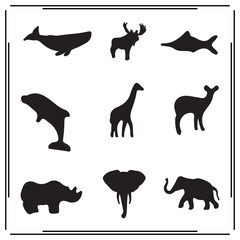 Wild Animal Silhouettes Vector Set – Whale, Elephant, Giraffe, Rhino, Deer, Dolphin, and More – Wildlife Icons for Safari, Zoo, Jungle, and Nature Themed Designs

