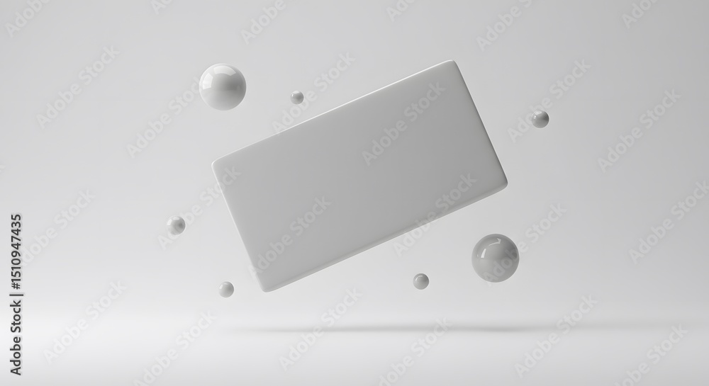 Poster abstract 3d rendering: floating white rectangle and spheres in minimalist setting