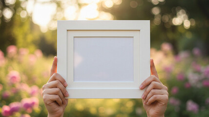 Hands holding blank square white picture frame mockup in blooming pink flower garden at sunset. Empty template for art or photo display outdoor nature.