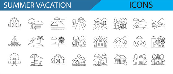Vacation-themed vector icons with sun, rain, and beach elements.