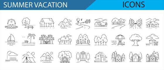 Hand-drawn summer icons with pool, beach, and sunny vacation imagery