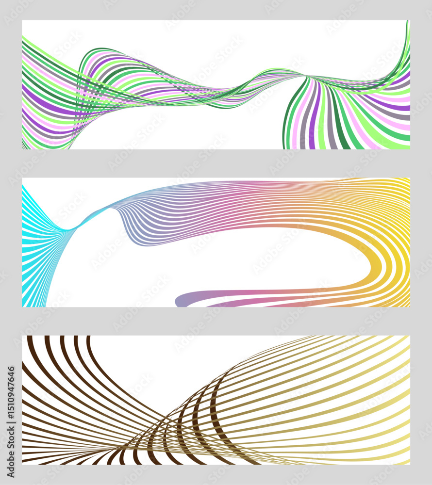 Poster wavy lines or ribbons. set of 3 backgrounds. multicolored striped gradient. creative unusual backgro