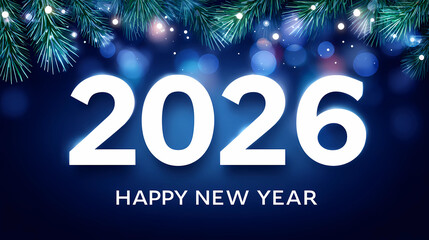 banner with numbers 2026 for new year with fir tree branches and snow and bokeh