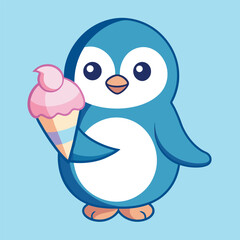 Obraz premium Penguin mascot joyfully serving a delightful ice cream cone in a relaxed setting perfect for summer enjoyment