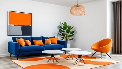 Blue sofa and orange lounge chair against white wall with art frame. Scandinavian interior design of modern living room.