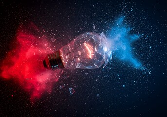 Explore the exploding lightbulb concept with red and blue powder for creative ideas and innovation shots