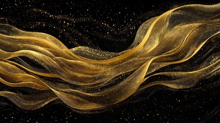 Abstract gold glitter waves on black background. (1)