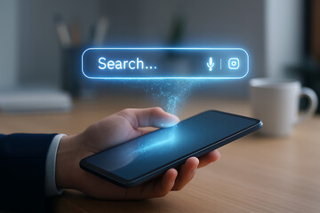 Man using smartphone with holographic search bar glowing above screen