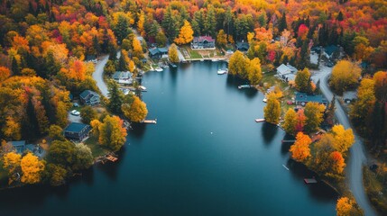 Aerial view of autumnal lakefront homes.