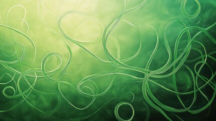 Abstract green swirling lines and smoke background.