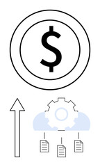 Dollar sign within circle above gear in cloud, files connected below by lines, upward arrow nearby, combining finance, innovation, cloud computing, growth, data management digital success. Flat