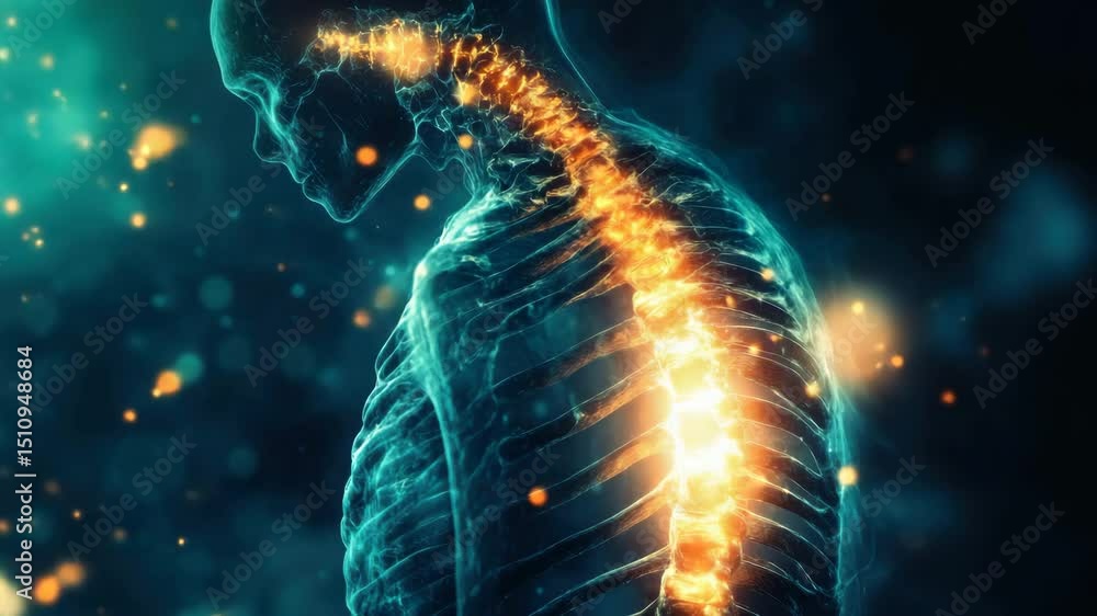 Poster digital rendering of a human skeleton with an illuminated spine against a blue background with spark