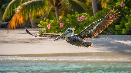 Naklejka na ściany i meble A brown pelican gracefully soars over the beach with a background of palm trees, showcasing nature's elegance