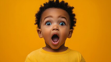 An excited adorable African American child looks surprised