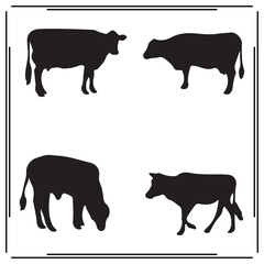 Cow Silhouette Vector Set – Grazing, Walking, and Standing Cattle in Farm Animal Poses, Black Livestock Icons for Agriculture, Dairy Farming, Rural Design, and Pasture Scenes

