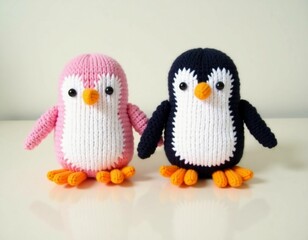 Fototapeta premium Two whimsical penguin toys, one pink and one black, stand side by side on a clean, bright surface, showcasing vibrant colors and intricate knitted details that add charm Generative AI