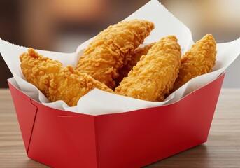 Crispy fried chicken tenders in red box isolated on white background
