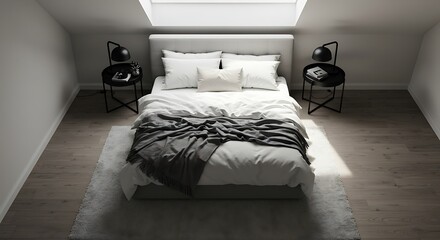 Bedroom Interior in Attic Room with Skylight and Minimalist Design
