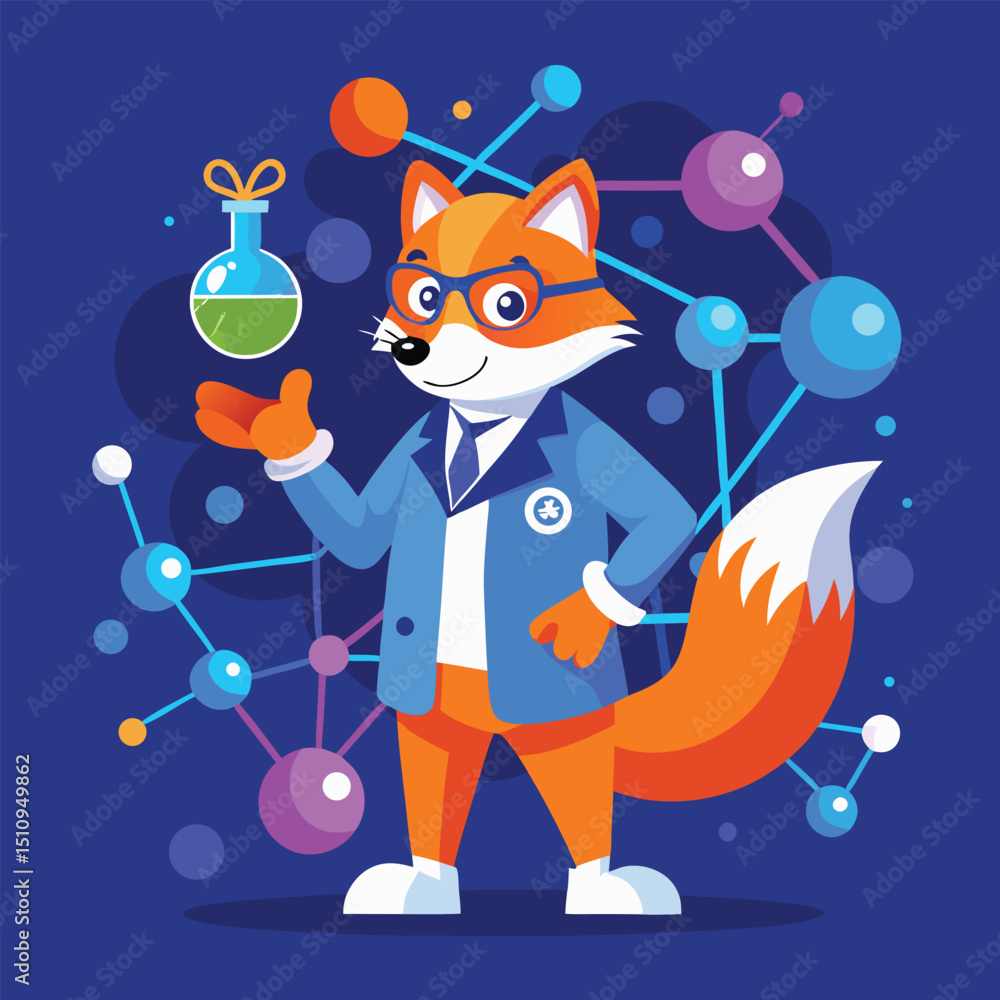 Poster fox mascot skillfully demonstrating the manipulation of a molecular structure model in a vibrant lab