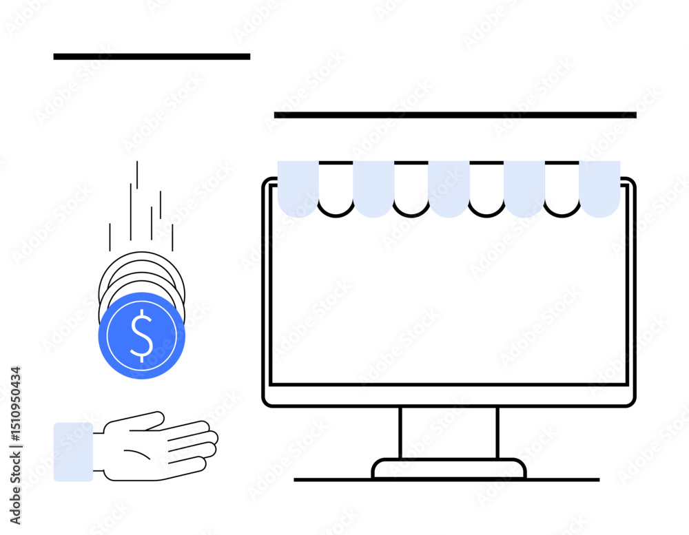 Poster coins dropping into open hand near computer screen with storefront awning. ideal for e-commerce, onl