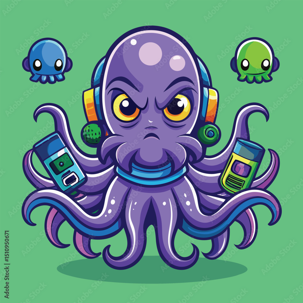 Poster colorful octopus mascot displaying controllers in its multiple tentacles while surrounded by smaller