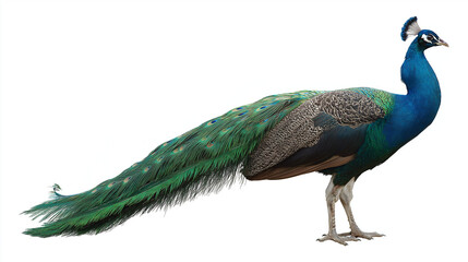 Fototapeta premium Beautiful peacock isolated on white background in a studio shot