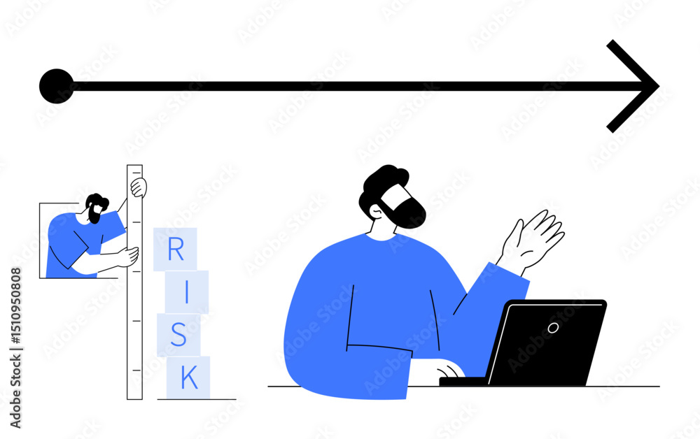 Poster man at laptop gesturing towards growth arrow while another quantifies risk using stacked blocks. ide