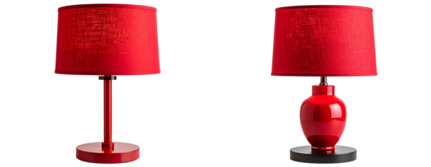 Modern red bedside lamp with fabric shade, front view, isolated on transparent background
