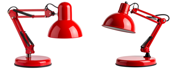 Vintage red desk lamp with adjustable arm, side view, isolated PNG