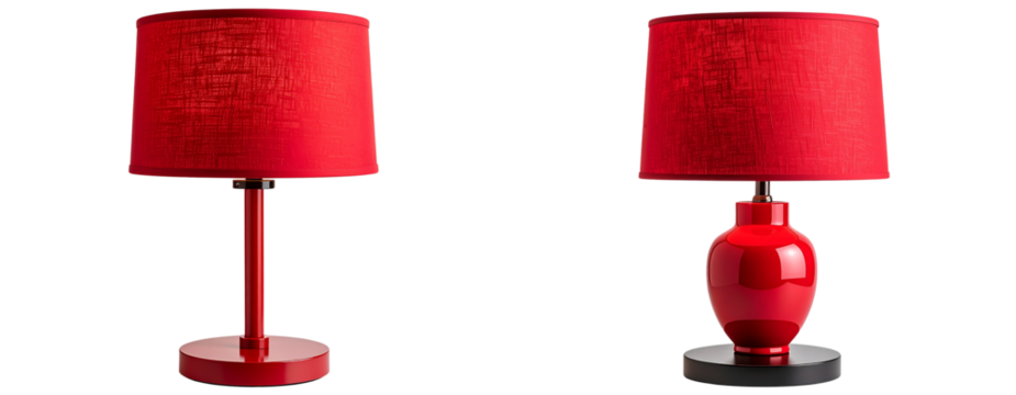 Modern red bedside lamp with fabric shade, front view, isolated on transparent background