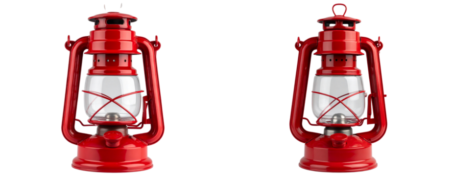Classic red lantern with glass panels and handle, front view, isolated PNG