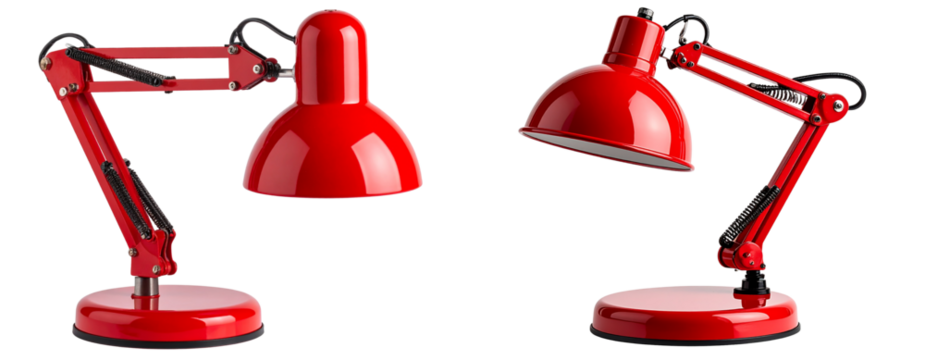 Vintage red desk lamp with adjustable arm, side view, isolated PNG