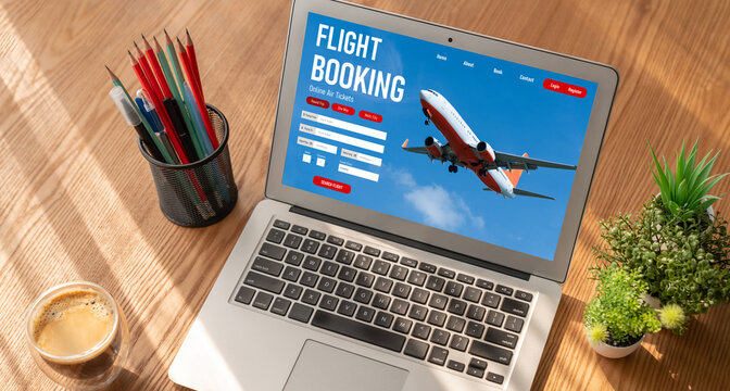Online flight booking website provide modish reservation system . Travel technology concept .