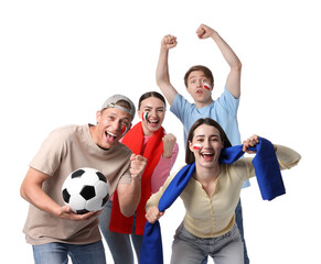 Emotional sports fans with flags and soccer ball on white background