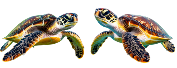Realistic sea turtle lifting head above calm ocean, side profile, isolated on transparent background