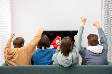 Emotional sports fans watching game together on sofa indoors, back view