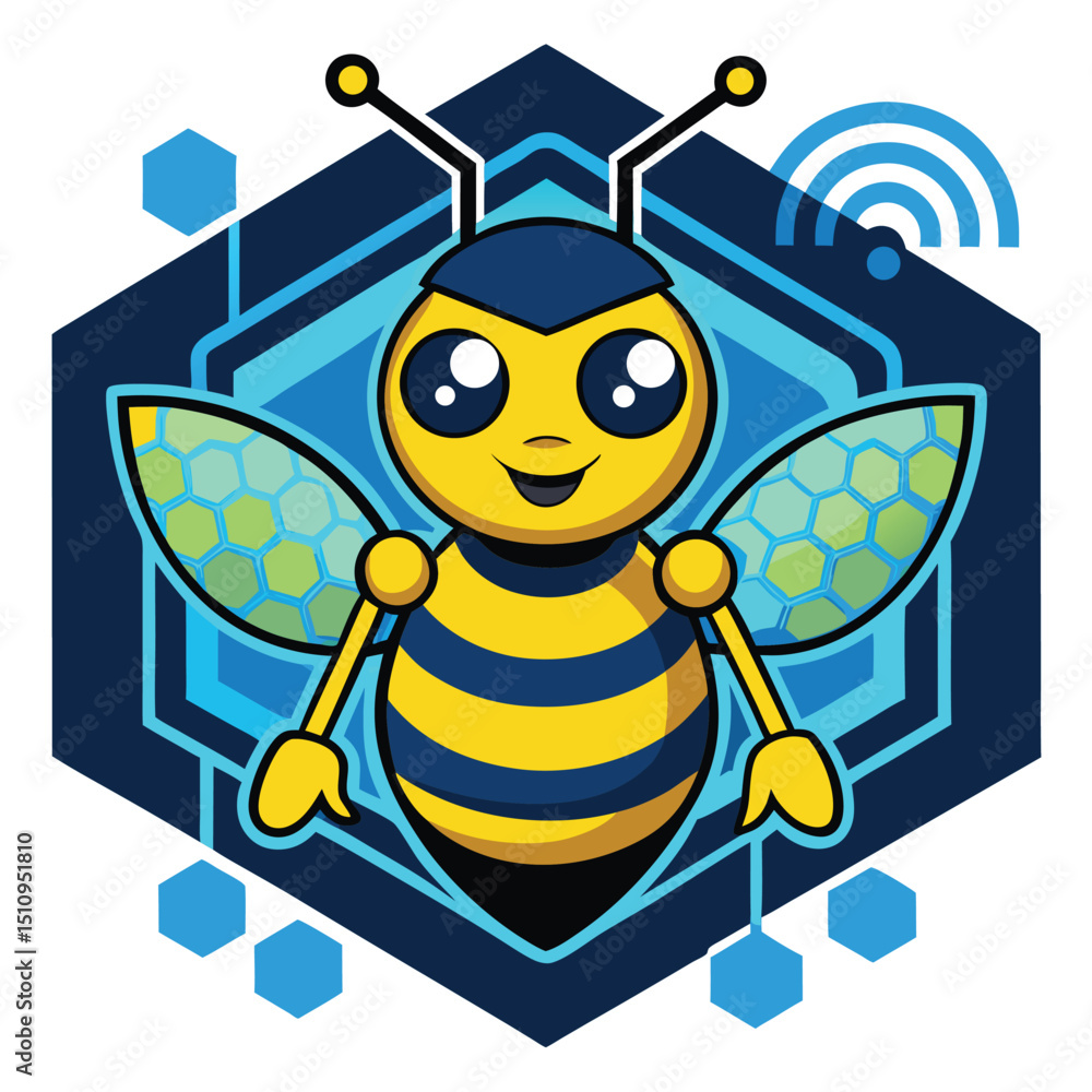 Poster honeybee mascot showcases vibrant algorithmic hexagon patterns in a modern digital design