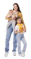 Mother and her kids on white background