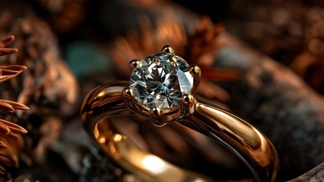 Elegant gold engagement ring with brilliant cut diamond resting on a rustic wooden log and pine needle background for a romantic proposal.
