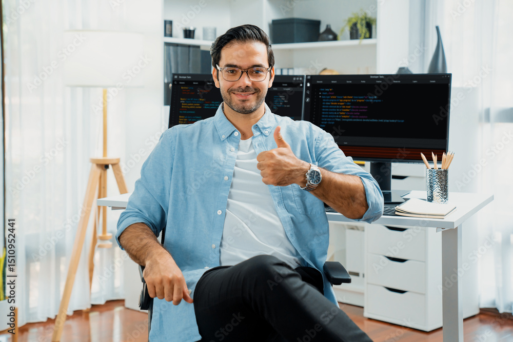 Poster profile's smart it developer looking camera to pose wearing glasses against on software development 