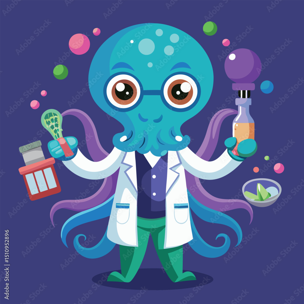 Poster octopus mascot showcasing various science tools while promoting learning and exploration in a colorf