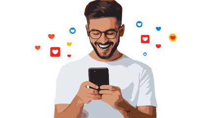 Smiling man with glasses using a smartphone surrounded by heart icons