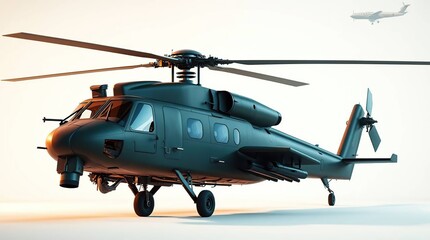 A modern matte army green tactical helicopter is showcased in a high-resolution studio render against a plain white backdrop.