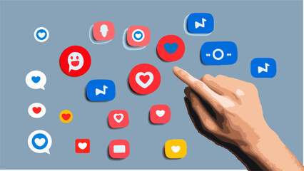 Hand selecting a heart icon from a collection of social media symbols