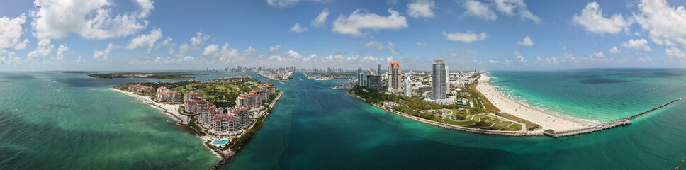 Miami Beach aerial view panorama with skyline. Miami panorama. South Pointe beach with skyscrapers...