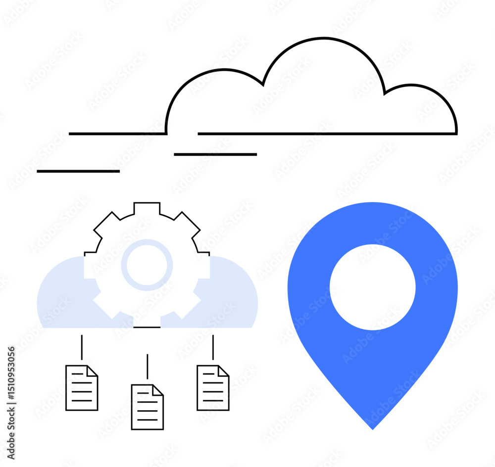 Poster cloud with gear processing files, central to data storage, sharing, and geolocation. ideal for techn